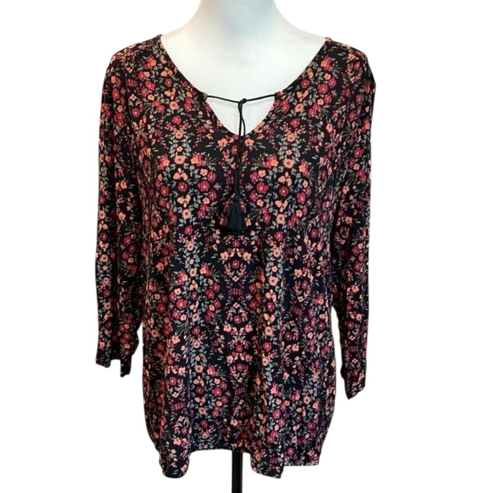 Lascana Boho Floral Peasant Blouse Tie Neck Long Sleeve Black Red Orange L